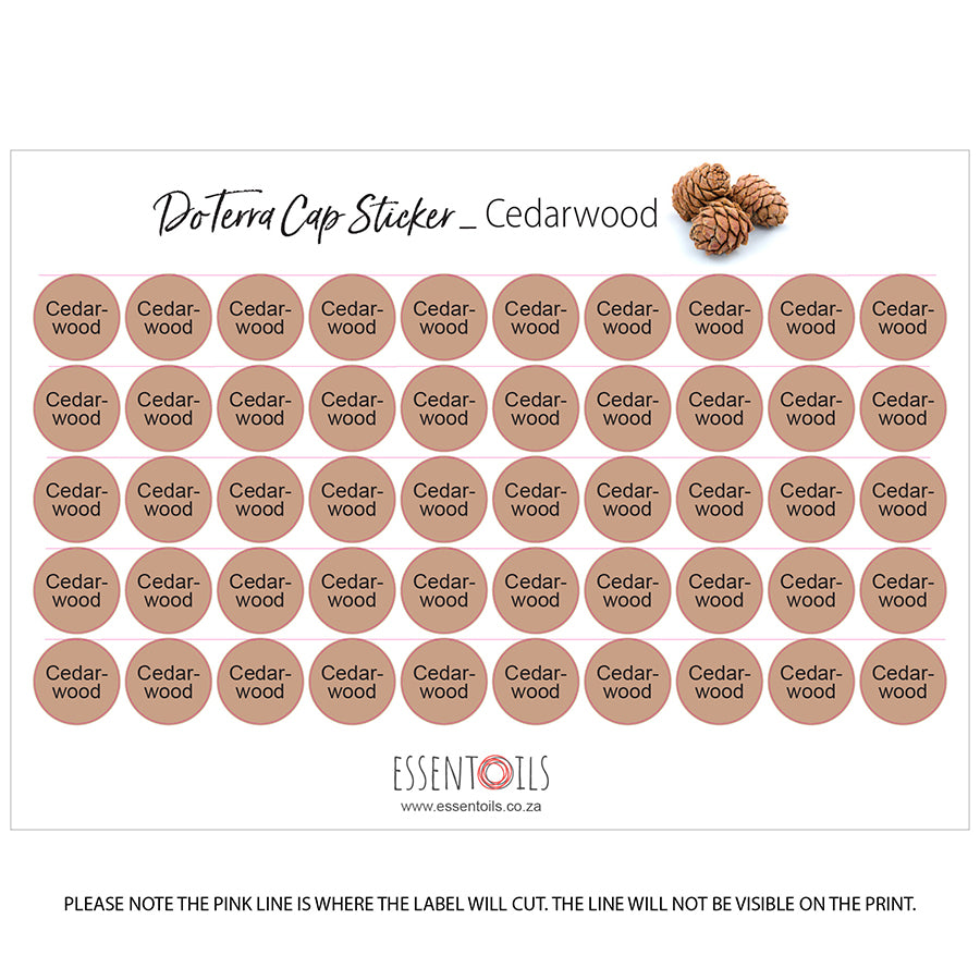 doTERRA Cap Stickers - Single Oils - Sheets of 50 - Cedarwood - essentoils.co.za