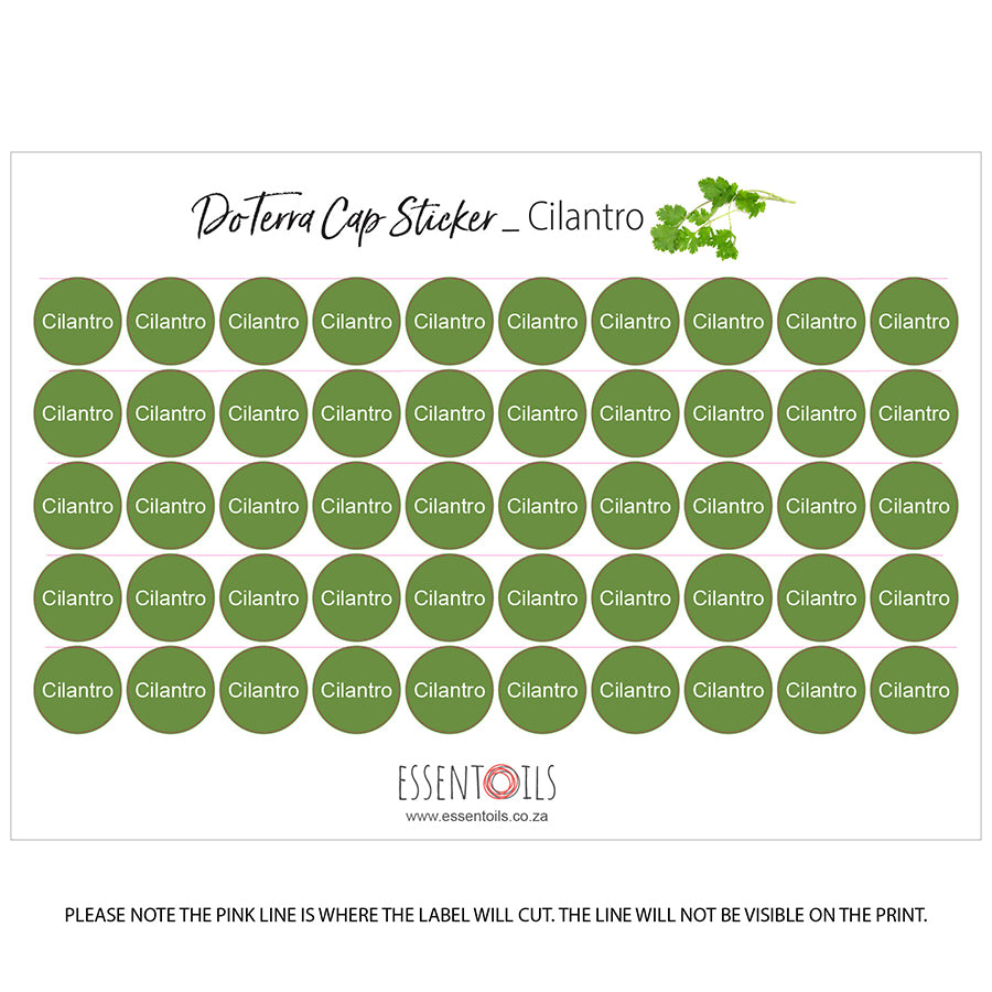 doTERRA Cap Stickers - Single Oils - Sheets of 50 - Cilantro - essentoils.co.za