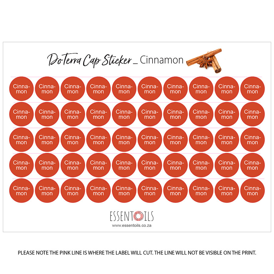 doTERRA Cap Stickers - Single Oils - Sheets of 50 - Cinnamon - essentoils.co.za