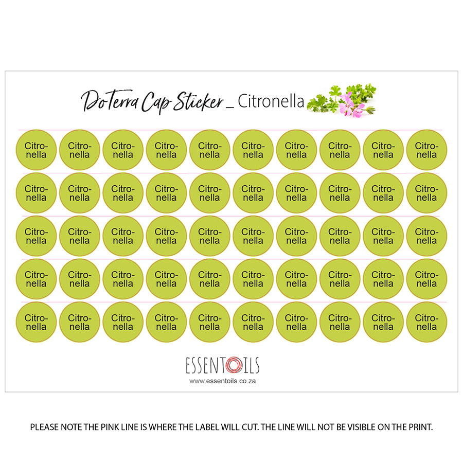 doTERRA Cap Stickers - Single Oils - Sheets of 50 - Citronella - essentoils.co.za