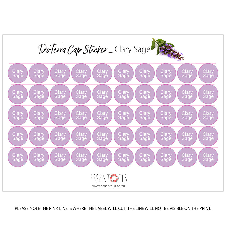 doTERRA Cap Stickers - Single Oils - Sheets of 50 - Clary Sage - essentoils.co.za