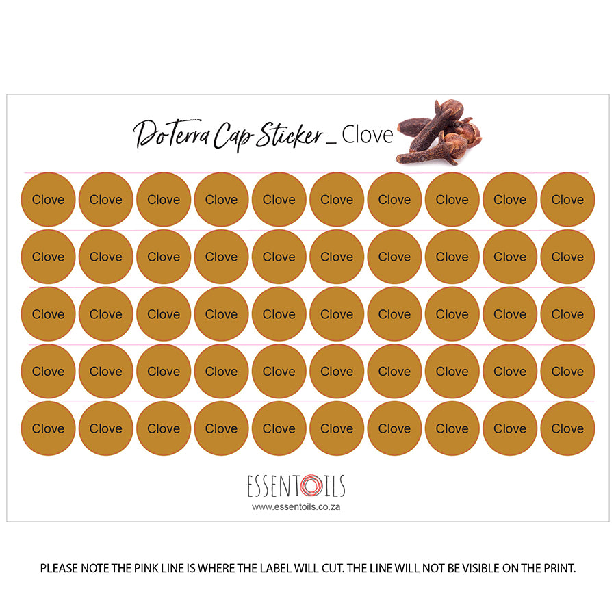 doTERRA Cap Stickers - Single Oils - Sheets of 50 - Clove - essentoils.co.za
