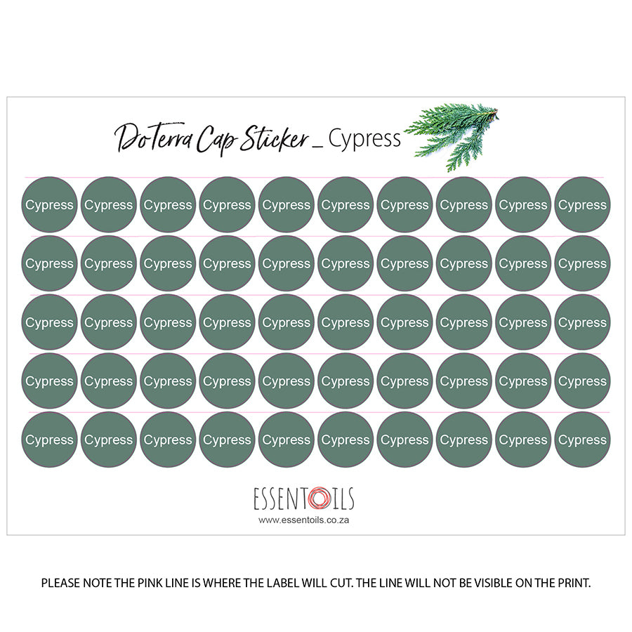 doTERRA Cap Stickers - Single Oils - Sheets of 50 - Cypress - essentoils.co.za