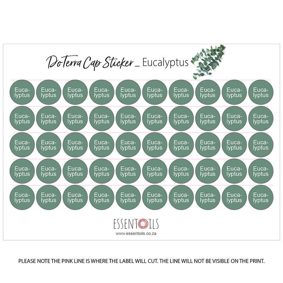 doTERRA Cap Stickers - Single Oils - Sheets of 50 - Eucalyptus - essentoils.co.za