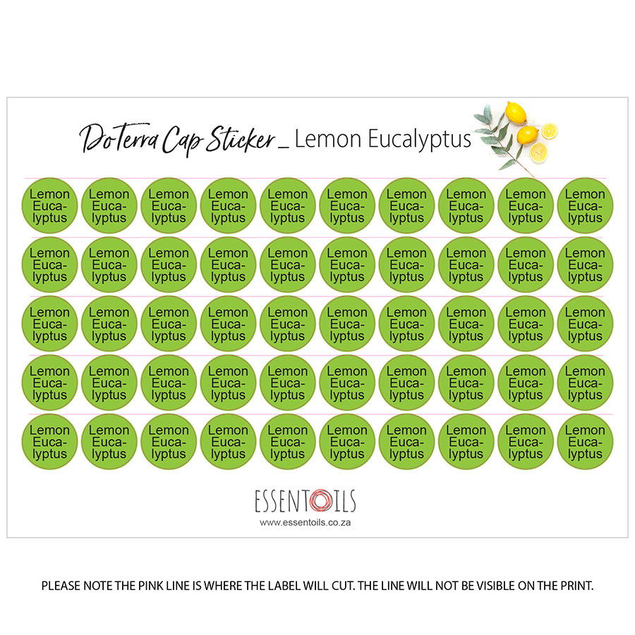 doTERRA Cap Stickers - Single Oils - Sheets of 50 - Lemon Eucalyptus - essentoils.co.za