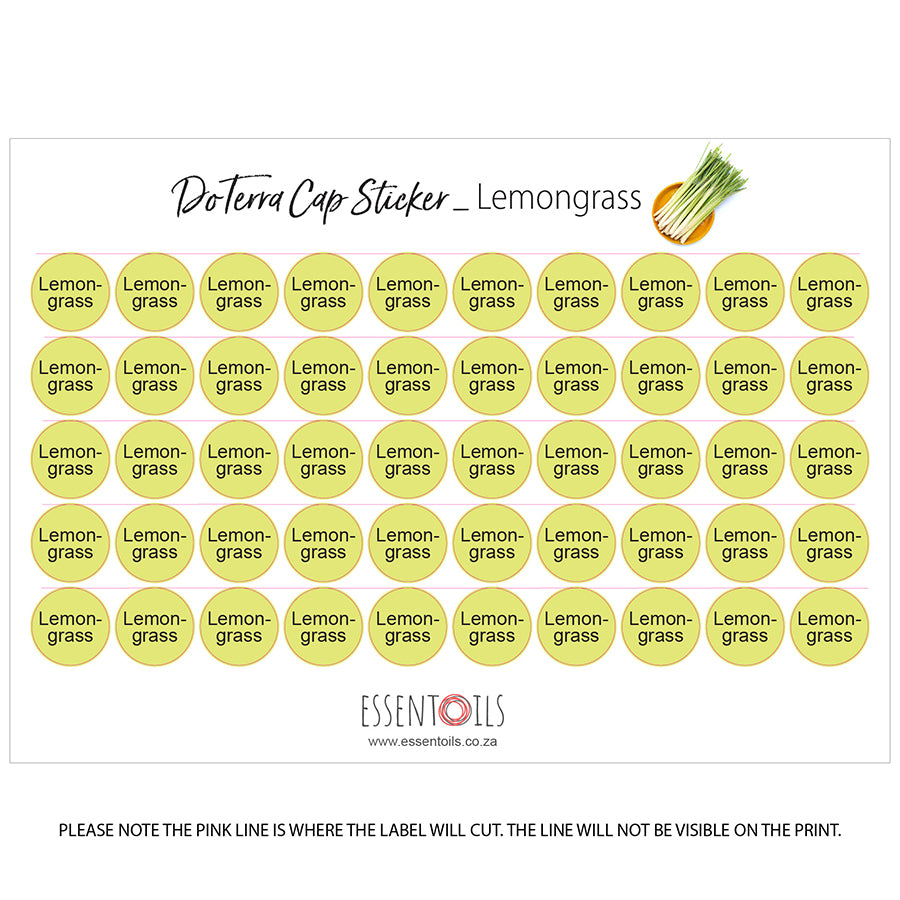 doTERRA Cap Stickers - Single Oils - Sheets of 50 - Lemongrass - essentoils.co.za