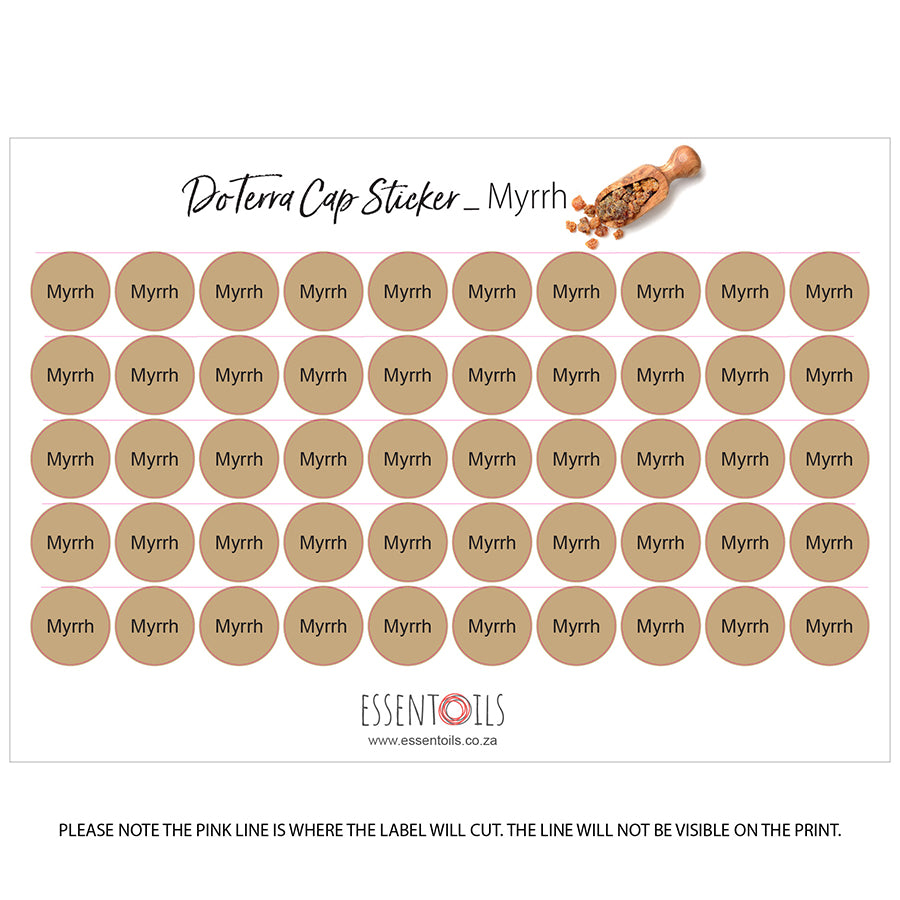 doTERRA Cap Stickers - Single Oils - Sheets of 50 - Myrrh - essentoils.co.za