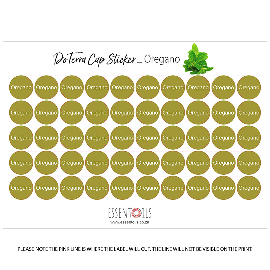 doTERRA Cap Stickers - Single Oils - Sheets of 50 - Oregano - essentoils.co.za