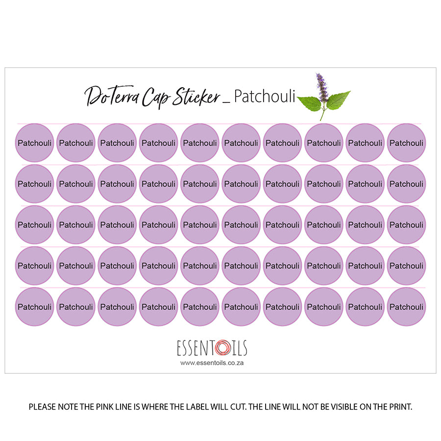 doTERRA Cap Stickers - Single Oils - Sheets of 50 - Patchouli - essentoils.co.za