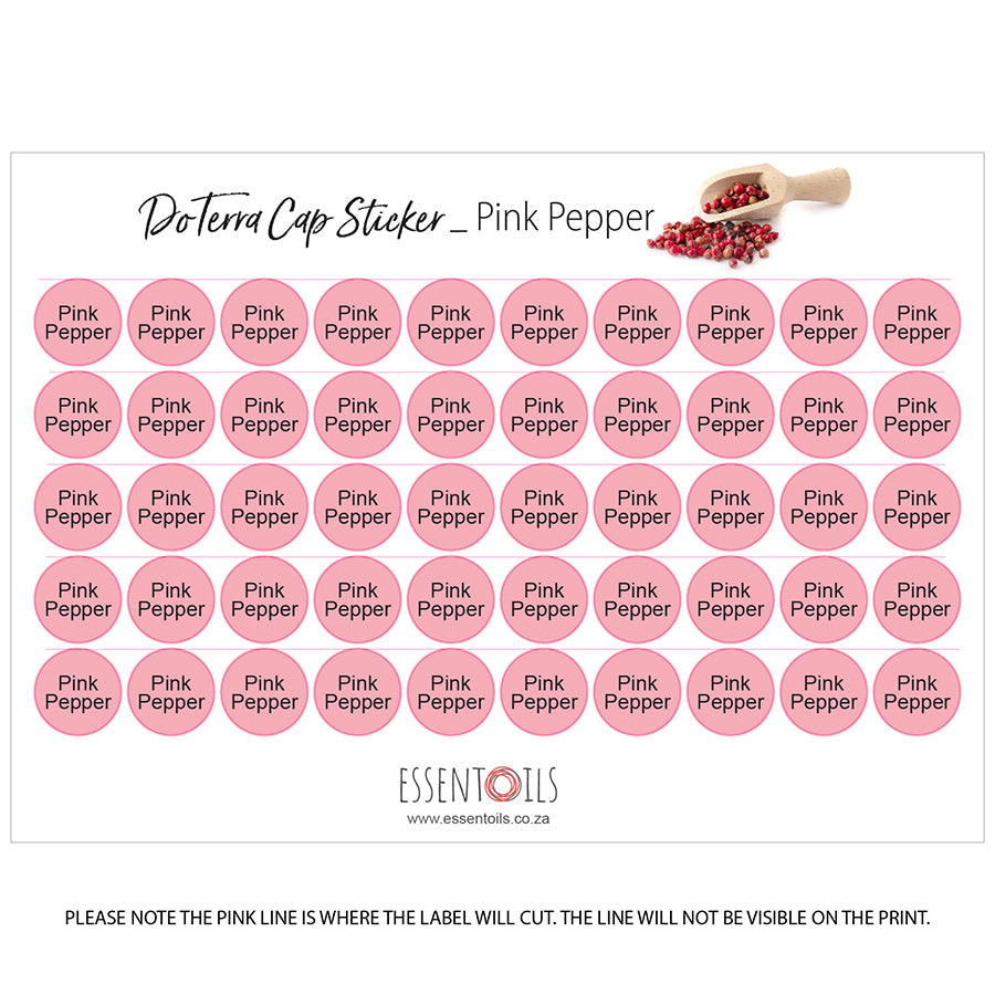 doTERRA Cap Stickers - Single Oils - Sheets of 50 - Pink Pepper - essentoils.co.za
