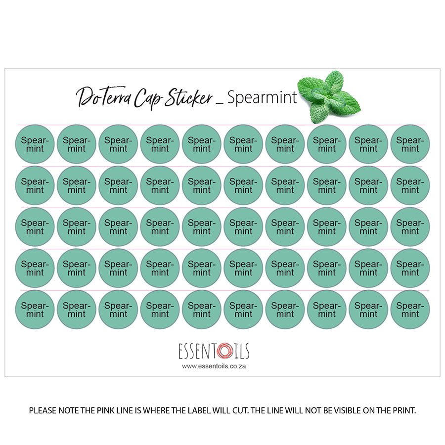 doTERRA Cap Stickers - Single Oils - Sheets of 50 - Spearmint - essentoils.co.za