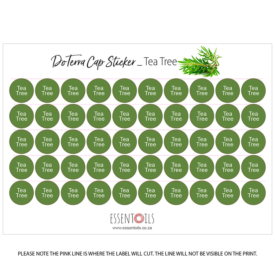 doTERRA Cap Stickers - Single Oils - Sheets of 50 - Tea Tree - essentoils.co.za