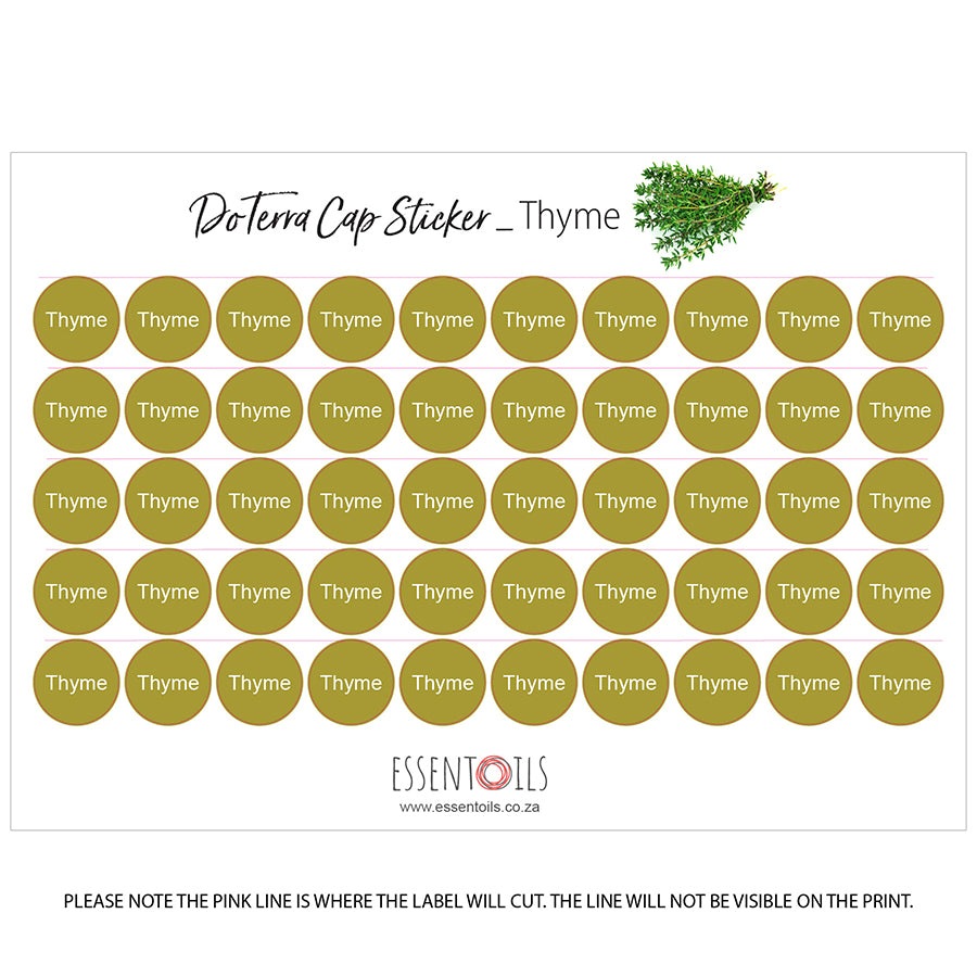 doTERRA Cap Stickers - Single Oils - Sheets of 50 - Thyme - essentoils.co.za
