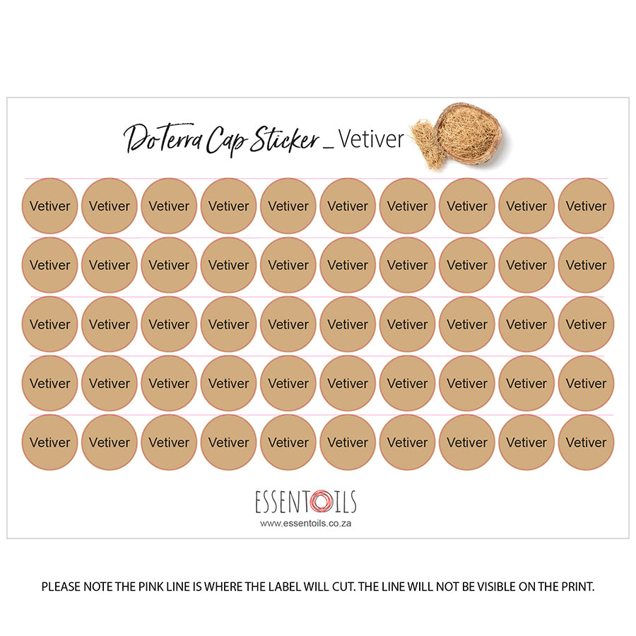 doTERRA Cap Stickers - Single Oils - Sheets of 50 - Vetiver - essentoils.co.za