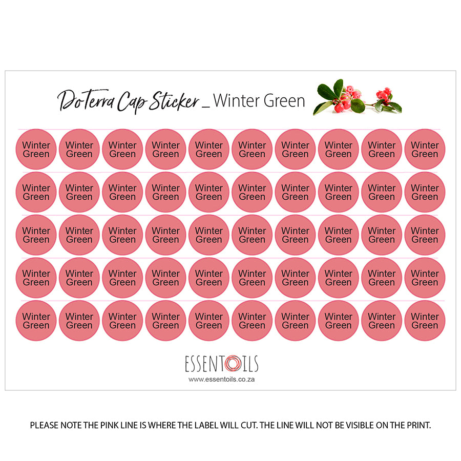 doTERRA Cap Stickers - Single Oils - Sheets of 50 - Winter Green - essentoils.co.za