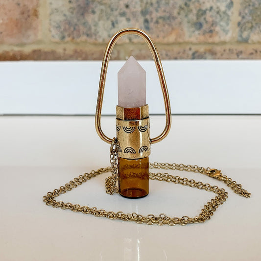Engraved Roller Bottle Pendant - Brass with Rose Quartz - essentoils.co.za