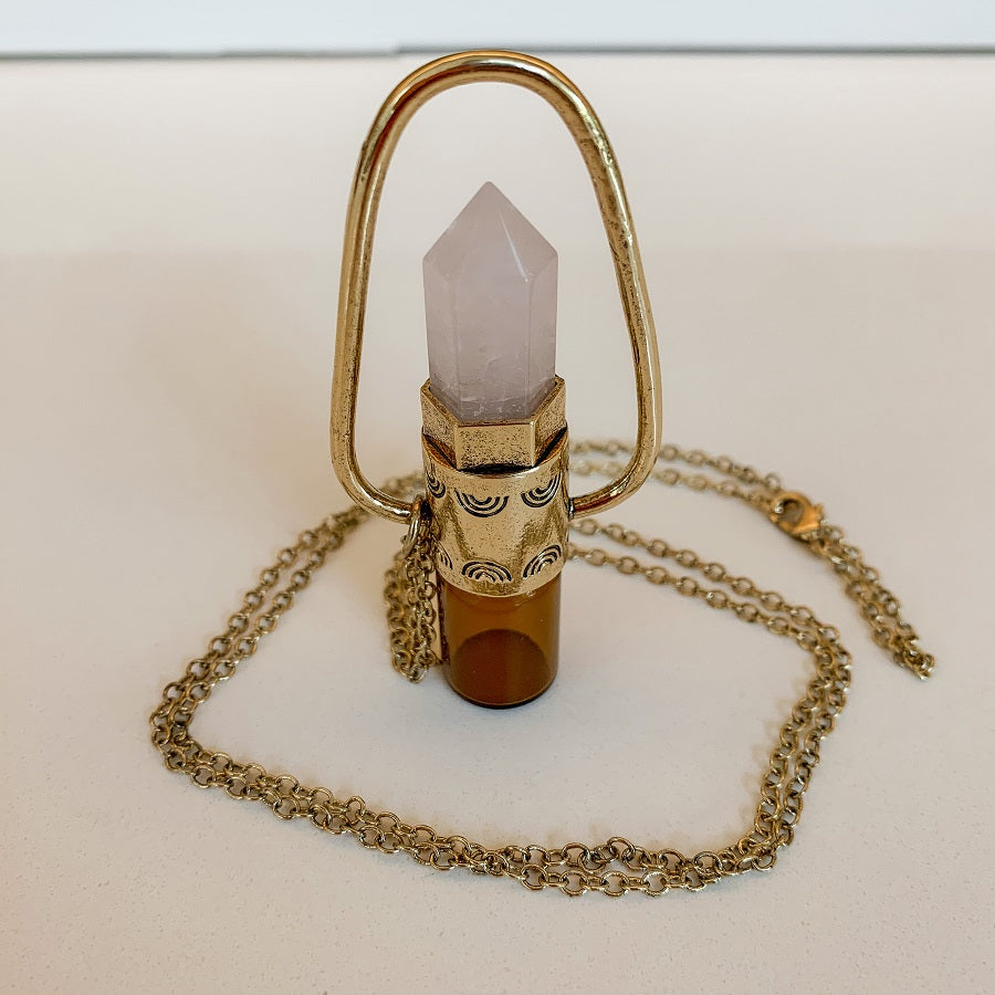 Engraved Roller Bottle Pendant - Brass with Rose Quartz - essentoils.co.za