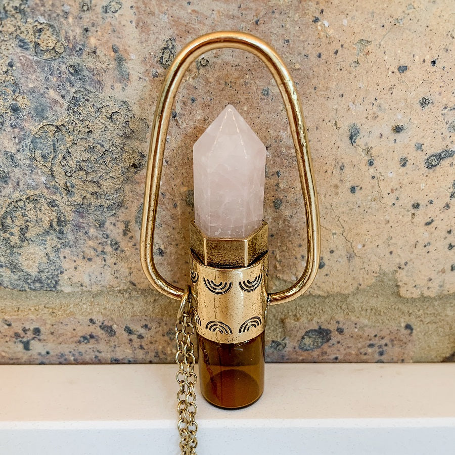 Engraved Roller Bottle Pendant - Brass with Rose Quartz - essentoils.co.za