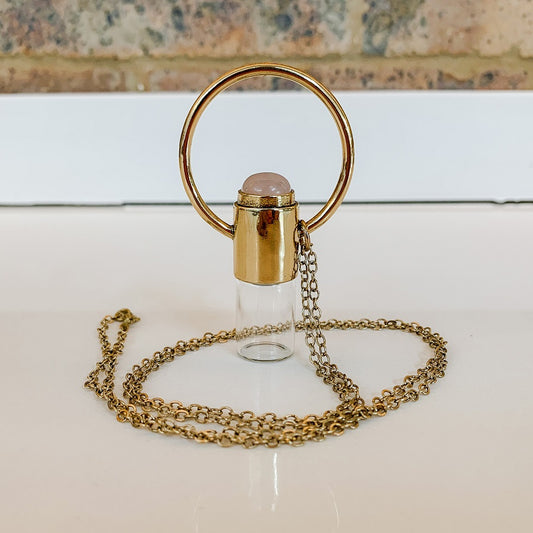 Ring Roller Bottle Pendant - Brass with Rose Quartz - essentoils.co.za
