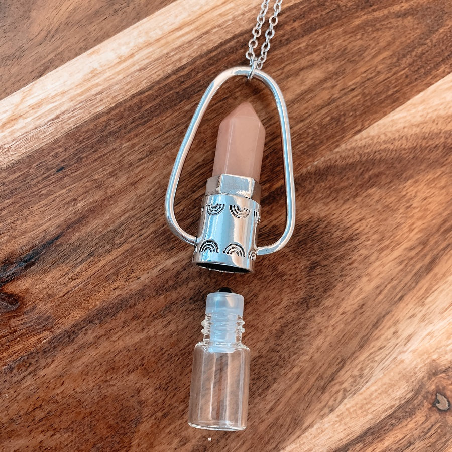 Engraved Roller Bottle Pendant - Silver Plated with Pale Red Jade - essentoils.co.za