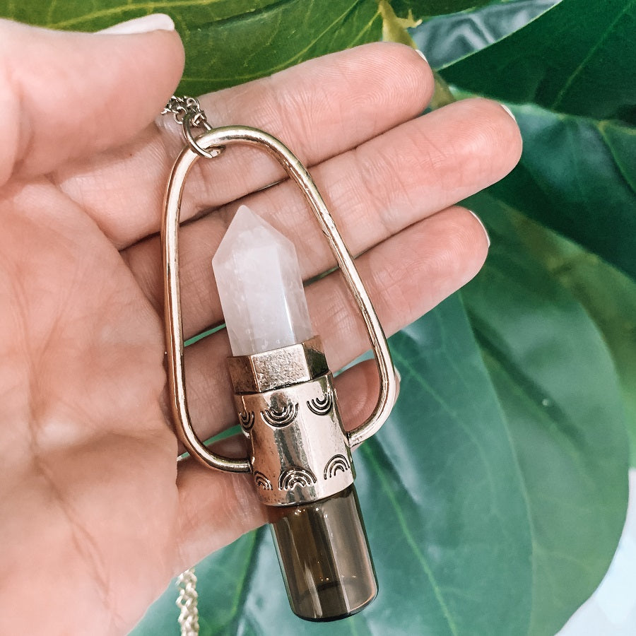 Engraved Roller Bottle Pendant - Brass with Rose Quartz - essentoils.co.za