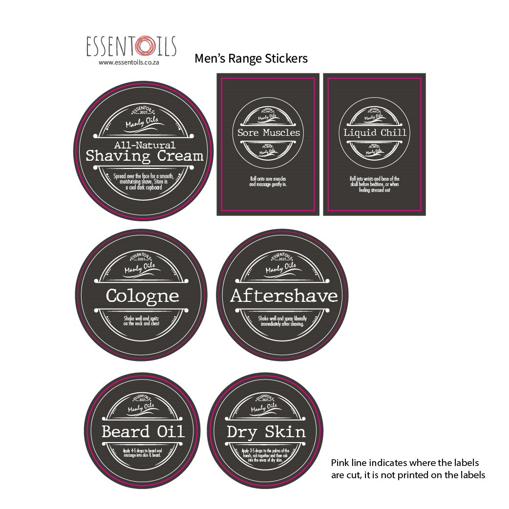 Men's Blends Roller Bottle Stickers - Sheet of 7 Stickers Only ENGLISH - essentoils.co.za