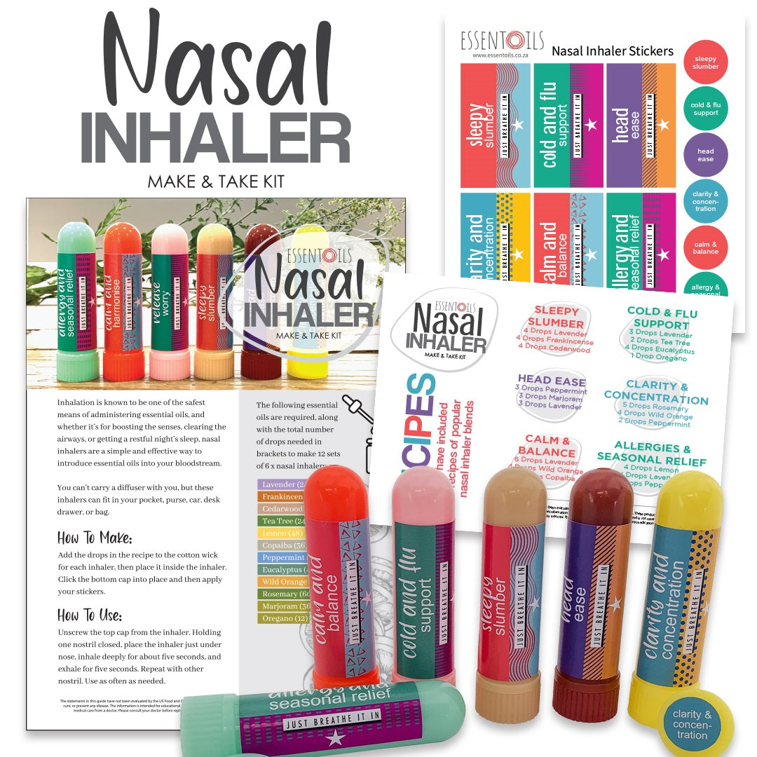 Nasal Inhaler Make & Take Kit - Instructions + 12 x recipes & 12 x sticker sets + 72 Plastic Inhalers included - essentoils.co.za
