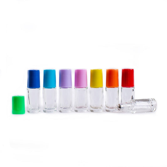 5ml Clear Glass Roller Bottles with Rainbow Caps - Pack of 8 - essentoils.co.za