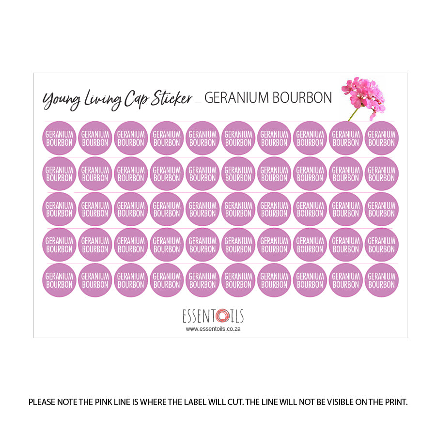 Young Living Cap Stickers - Single Oils - Sheets of 50 - Geranium Bourbon - essentoils.co.za