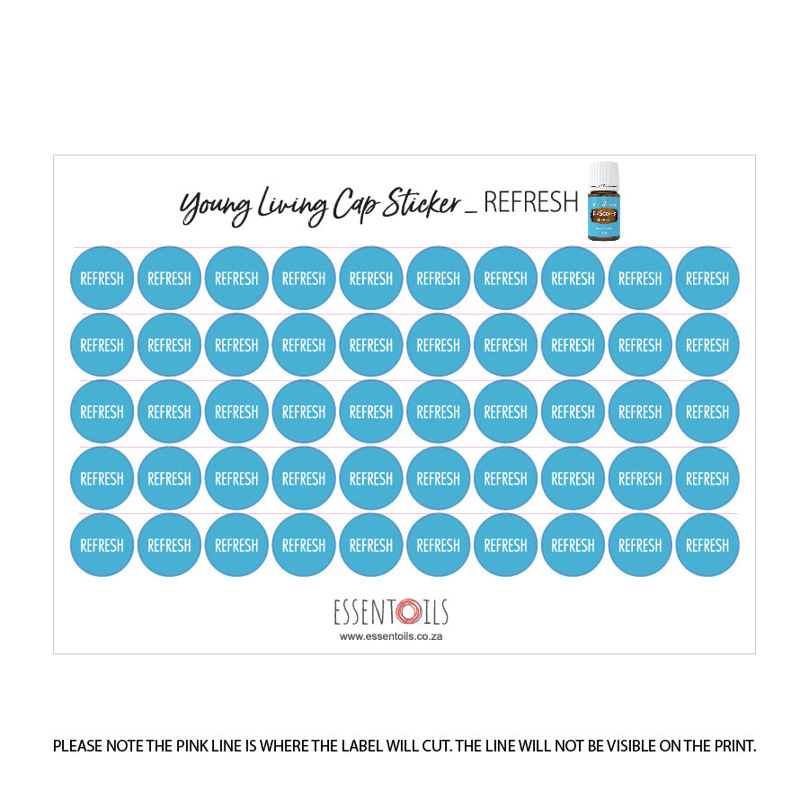 Young Living Cap Stickers - Blends - Sheets of 50 - Refresh - essentoils.co.za