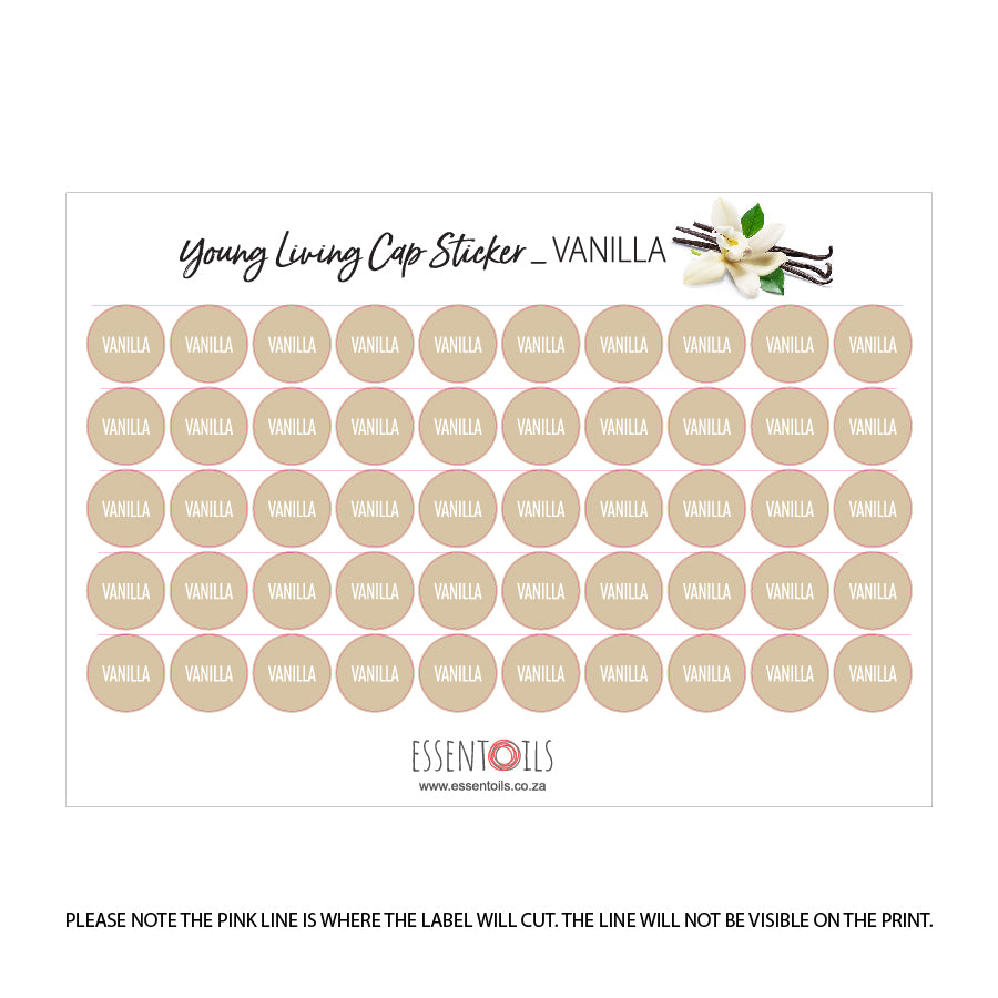 Young Living Cap Stickers - Single Oils - Sheets of 50 - Vanilla - essentoils.co.za