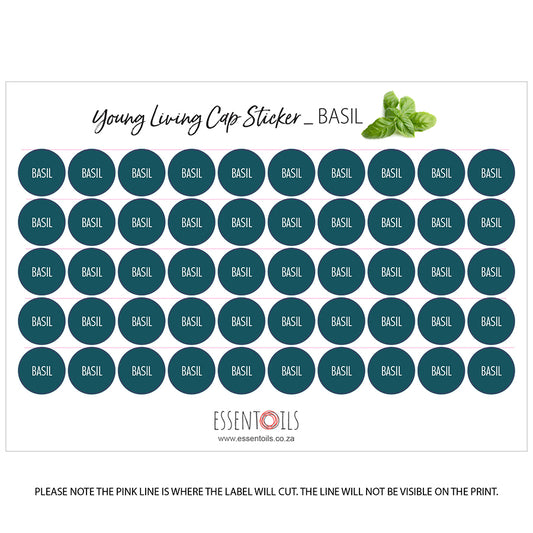 Young Living Cap Stickers - Single Oils - Sheets of 50 - Basil - essentoils.co.za