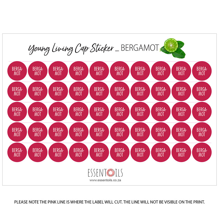 Young Living Cap Stickers - Single Oils - Sheets of 50 - Bergamot - essentoils.co.za