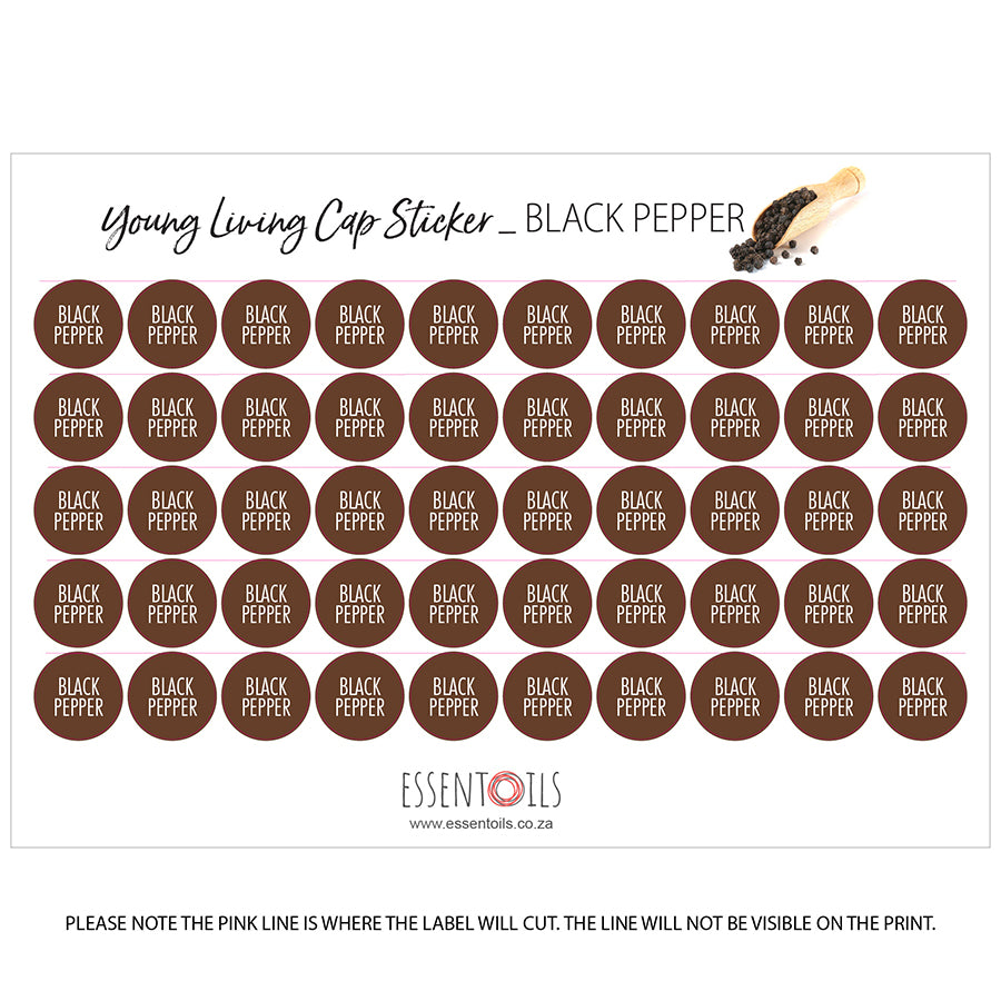 Young Living Cap Stickers - Single Oils - Sheets of 50 - Black Pepper - essentoils.co.za