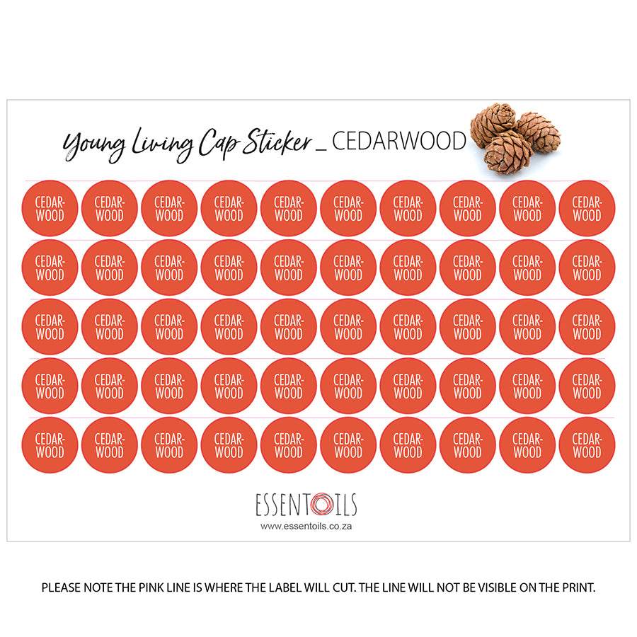Young Living Cap Stickers - Single Oils - Sheets of 50 - Cedarwood - essentoils.co.za