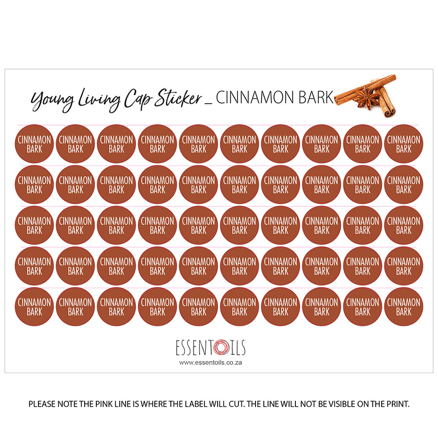 Young Living Cap Stickers - Single Oils - Sheets of 50 - Cinnamon Bark - essentoils.co.za
