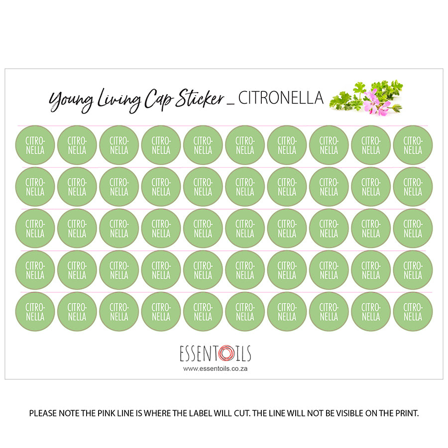 Young Living Cap Stickers - Single Oils - Sheets of 50 - Citronella - essentoils.co.za