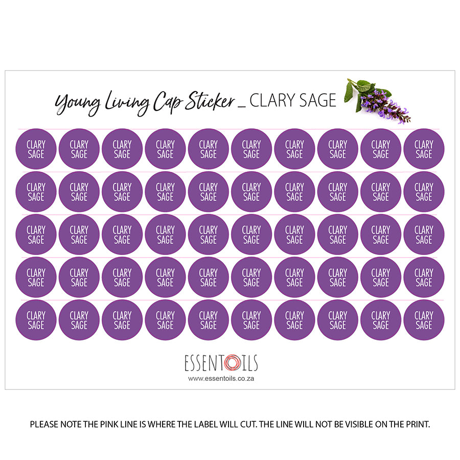 Young Living Cap Stickers - Single Oils - Sheets of 50 - Clary Sage - essentoils.co.za