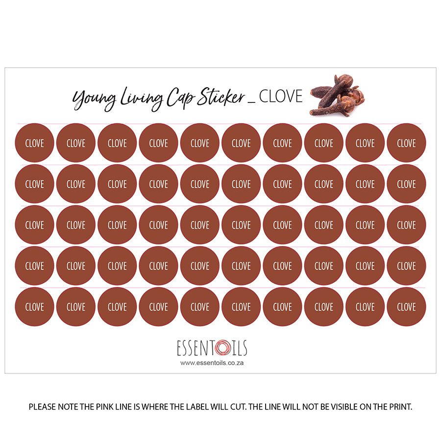 Young Living Cap Stickers - Single Oils - Sheets of 50 - Clove - essentoils.co.za