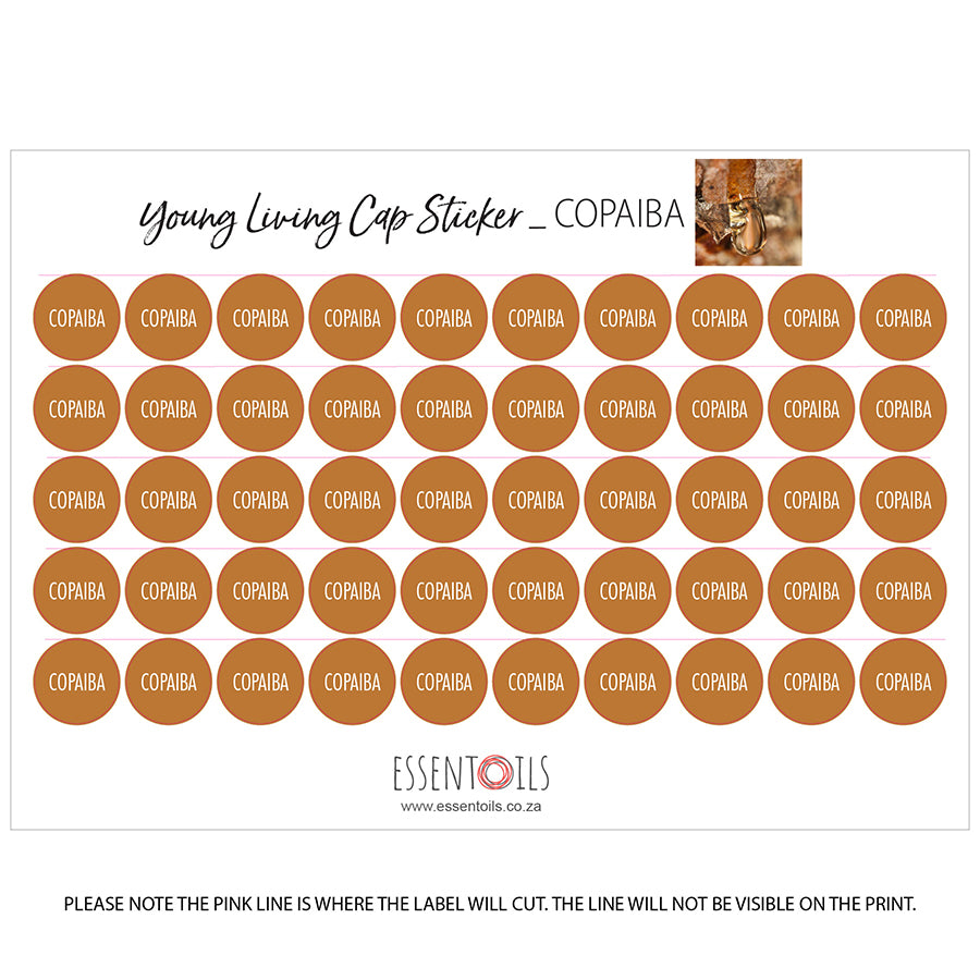Young Living Cap Stickers - Single Oils - Sheets of 50 - Copaiba - essentoils.co.za