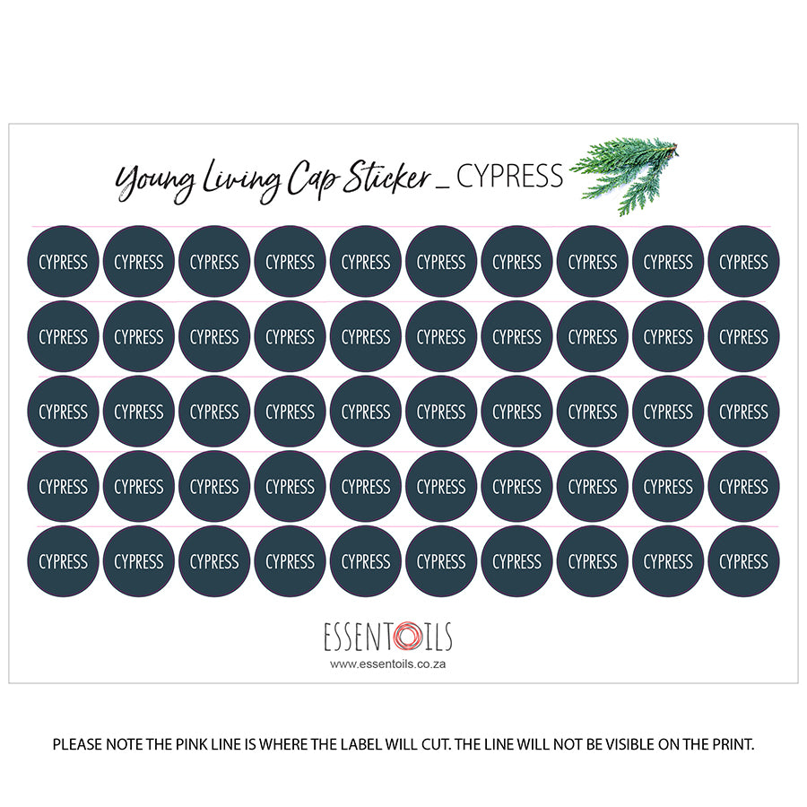 Young Living Cap Stickers - Single Oils - Sheets of 50 - Cypress - essentoils.co.za