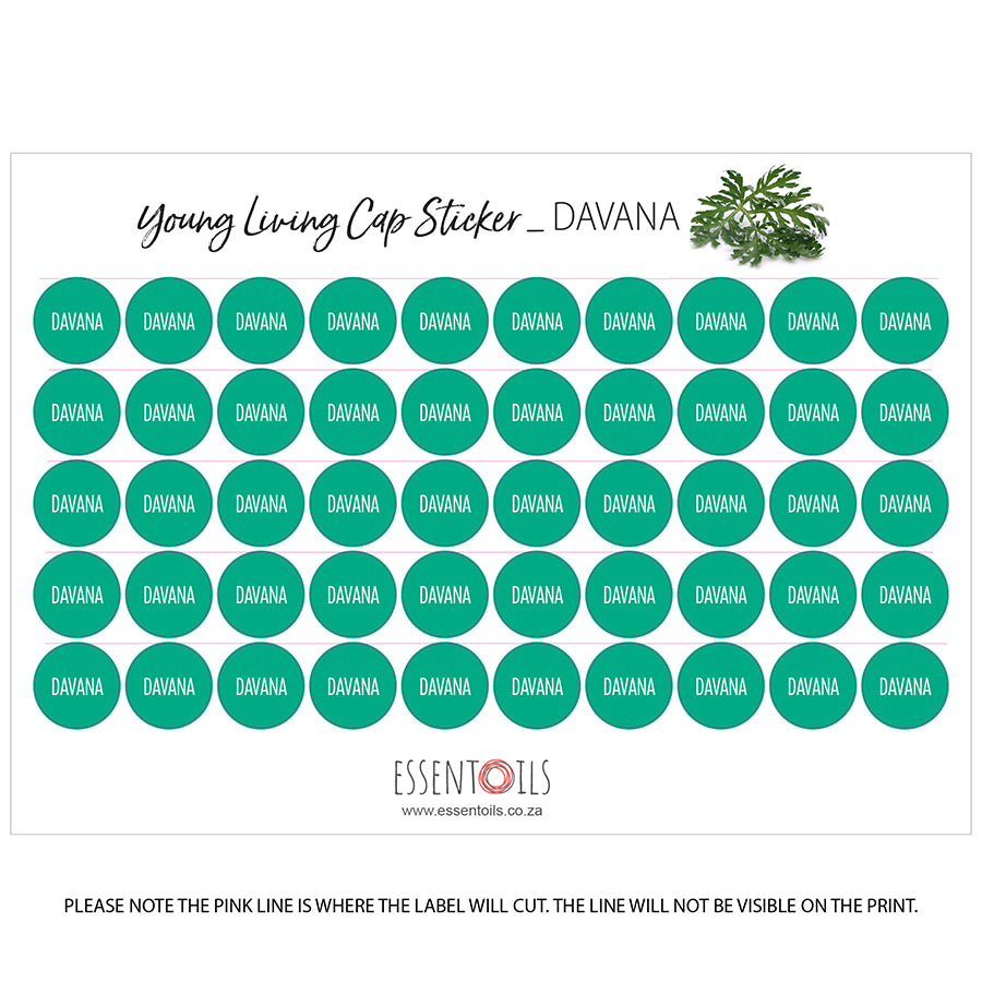 Young Living Cap Stickers - Single Oils - Sheets of 50 - Davana - essentoils.co.za