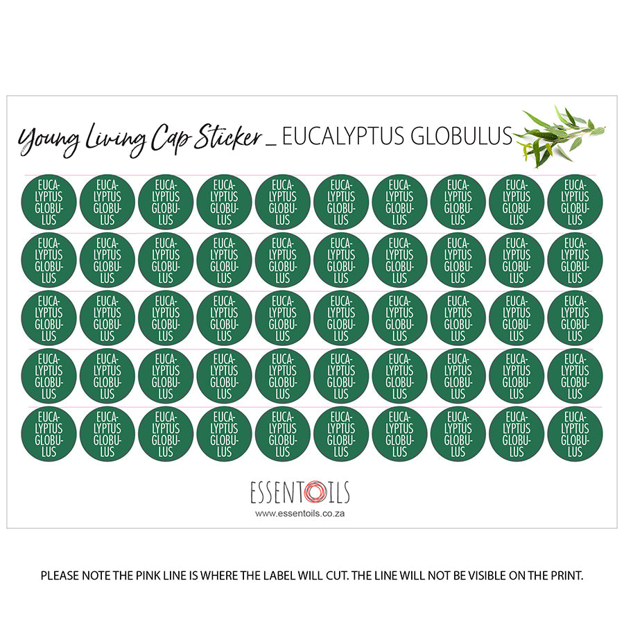 Young Living Cap Stickers - Single Oils - Sheets of 50 - Eucalyptus Globulus - essentoils.co.za