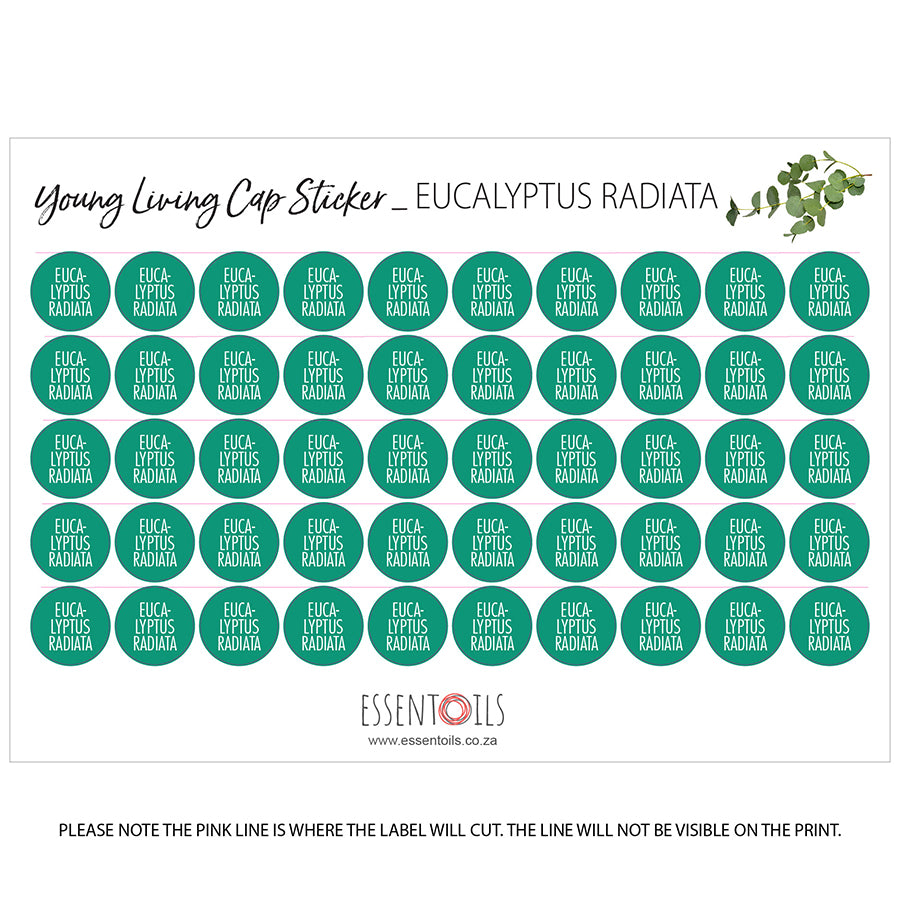Young Living Cap Stickers - Single Oils - Sheets of 50 - Eucalyptus Radiata - essentoils.co.za