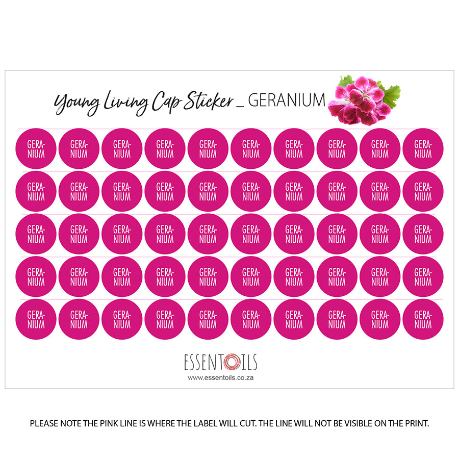 Young Living Cap Stickers - Single Oils - Sheets of 50 - Geranium - essentoils.co.za