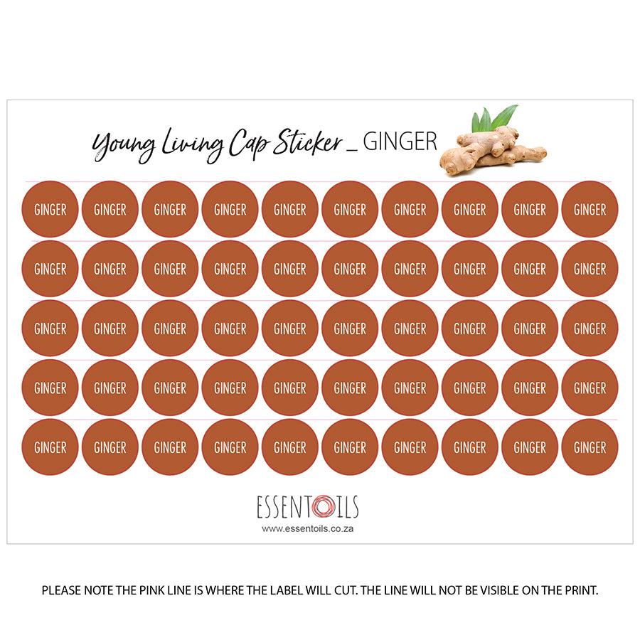 Young Living Cap Stickers - Single Oils - Sheets of 50 - Ginger - essentoils.co.za