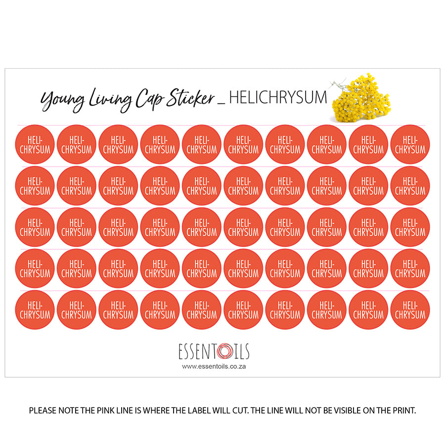 Young Living Cap Stickers - Single Oils - Sheets of 50 - Helicrysum - essentoils.co.za