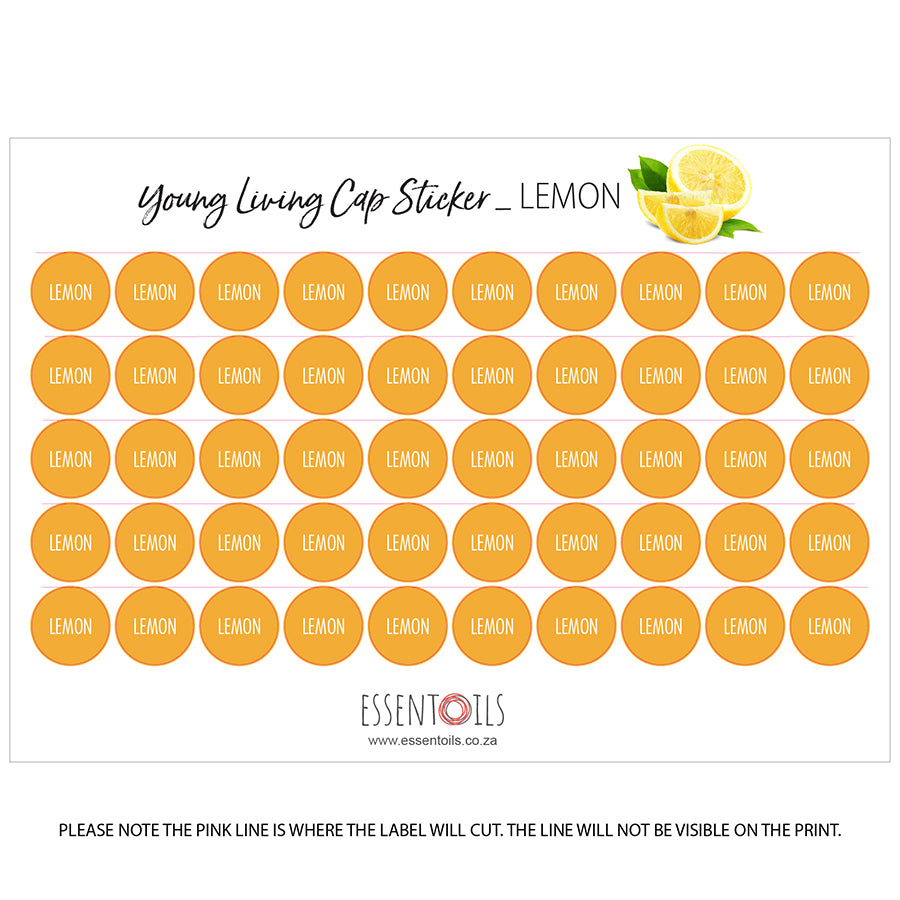 Young Living Cap Stickers - Single Oils - Sheets of 50 - Lemon - essentoils.co.za