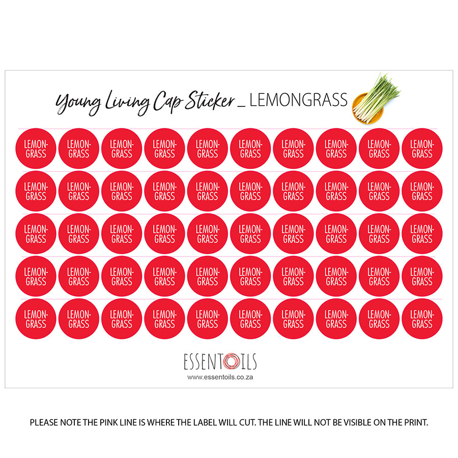 Young Living Cap Stickers - Single Oils - Sheets of 50 - Lemongrass - essentoils.co.za