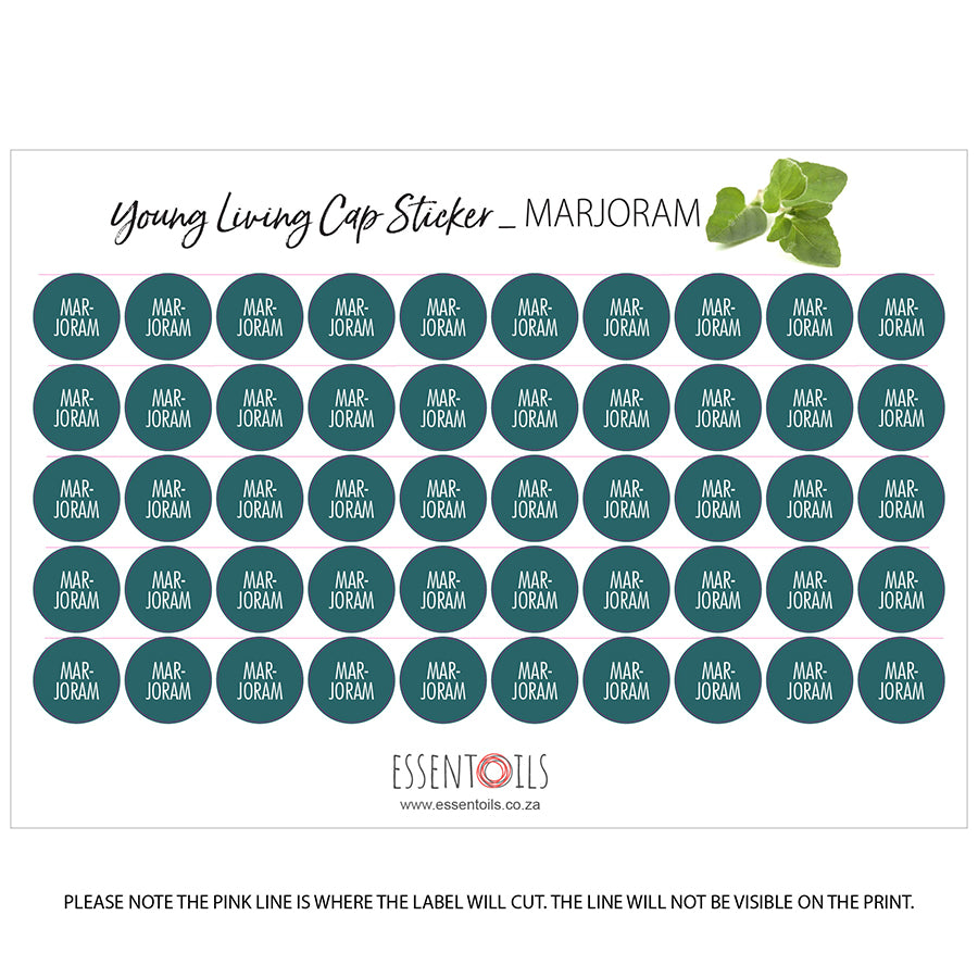 Young Living Cap Stickers - Single Oils - Sheets of 50 - Marjoram - essentoils.co.za